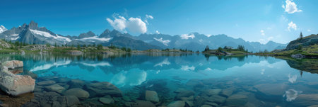 Calm turquoise waters against a backdrop of majestic mountainsの素材