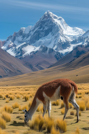 Serene pastures and llama on mountain topsの素材