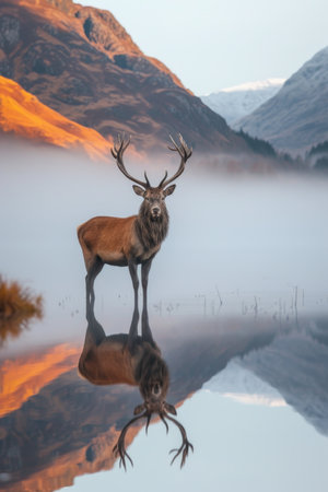 Solitary Stag Reflection on a Misty Morning Lakeの素材