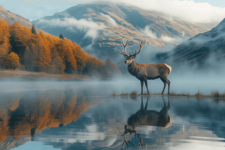 Solitary Stag Reflection on a Misty Morning Lakeの素材