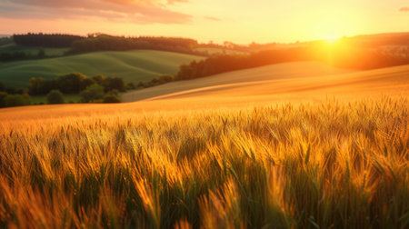 Warm Sunset Light Bathing a Ripening Wheat Fieldの素材
