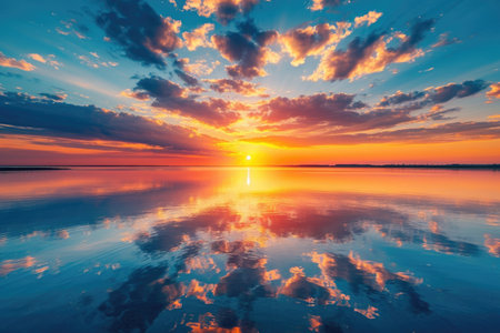 Fiery Sunset Sky Reflecting on Tranquil Lakeの素材