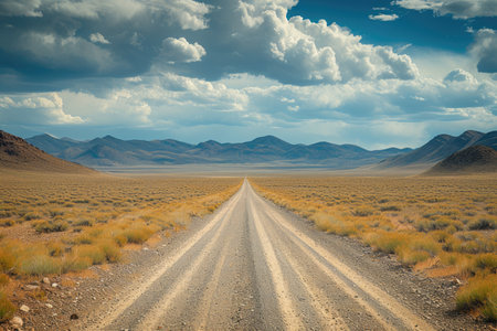 Vast Arid Landscape with Gravel Pathの素材