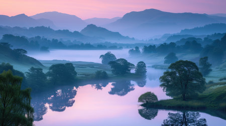 Peaceful River Winding Through a Dusky Valleyの素材