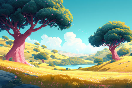 Fanciful Pink Trees and Rolling Hills in a Fantasy Landscapeの素材