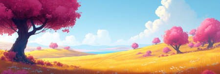Fanciful Pink Trees and Rolling Hills in a Fantasy Landscapeの素材