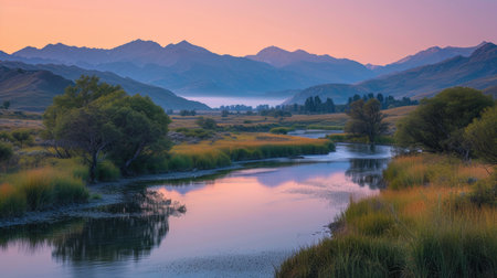 Peaceful River Winding Through a Dusky Valleyの素材