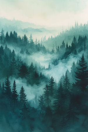 Mystical Watercolor Forest in Mistの素材