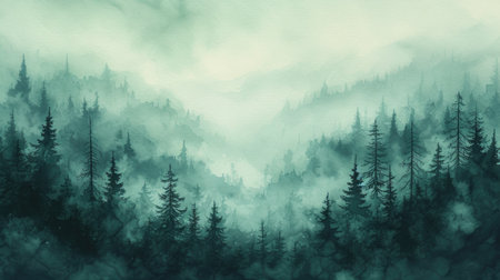 Mystical Watercolor Forest in Mistの素材