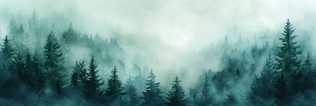 Mystical Watercolor Forest in Mistの素材
