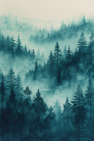 Mystical Watercolor Forest in Mistの素材