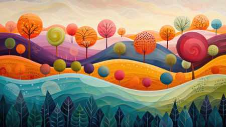 Fantasy Hills and Colorful Trees Landscapeの素材