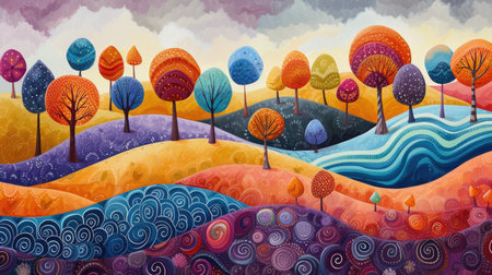Fantasy Hills and Colorful Trees Landscapeの素材