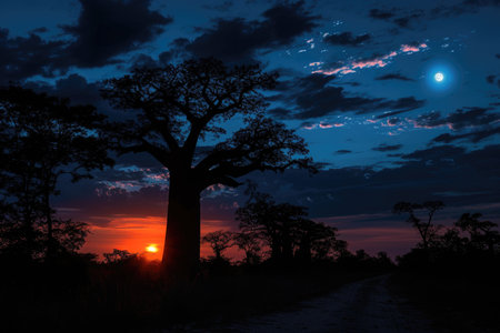 Warm sunlight on the trees, landscape with sunsetの素材