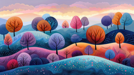Fantasy Hills and Colorful Trees Landscapeの素材