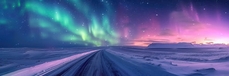 Polar Twilight with Aurora Borealis Above a Snow-covered Pathの素材