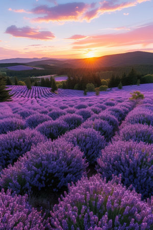 Sunset Glow over a Field of Purple Wildflowersの素材