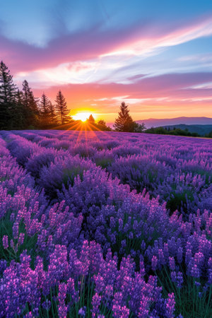 Sunset Glow over a Field of Purple Wildflowersの素材