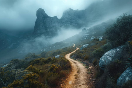 Desolate Mountain Trail in Misty Conditionsの素材