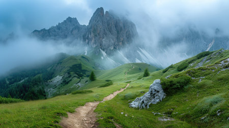 Desolate Mountain Trail in Misty Conditionsの素材