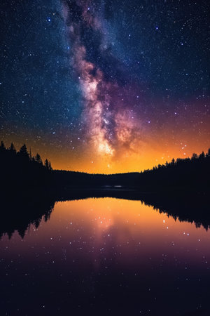 Stellar Reflections on a Peaceful Woodland Lake at Nightの素材