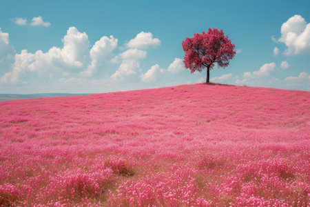 A field of bright pink flowers and a lone treeの素材