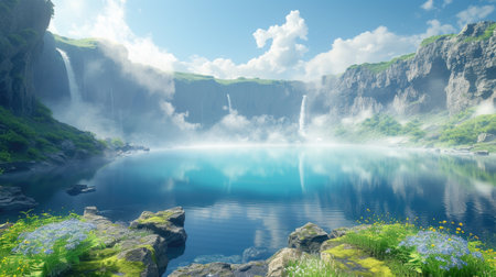 Tranquil Mountain Lake with Misty Morning Lightの素材