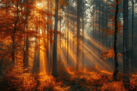 Sunrise in Forest with Radiant Sunbeams and Autumn Colorsの素材