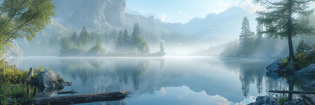 Tranquil Mountain Lake with Misty Morning Lightの素材