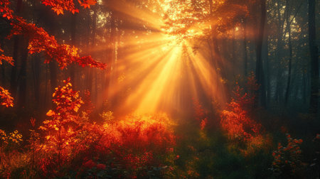 Sunrise in Forest with Radiant Sunbeams and Autumn Colorsの素材