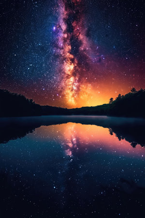 Starry Night Sky Reflection over Tranquil Forest Lakeの素材