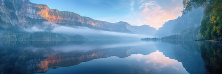 Tranquil Mountain Lake with Misty Morning Lightの素材