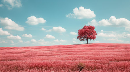 A field of bright pink flowers and a lone treeの素材