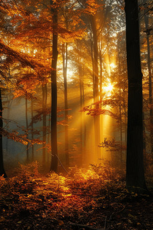 Sunrise in Forest with Radiant Sunbeams and Autumn Colorsの素材