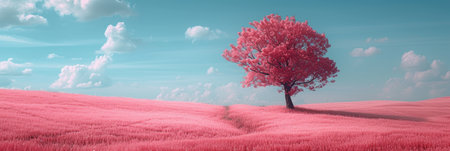 A field of bright pink flowers and a lone treeの素材