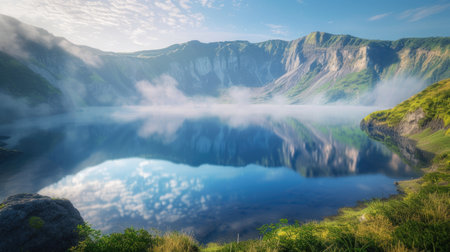 Tranquil Mountain Lake with Misty Morning Lightの素材