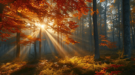 Sunrise in Forest with Radiant Sunbeams and Autumn Colorsの素材