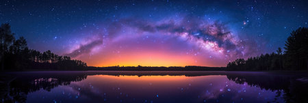Starry Night Sky Reflection over Tranquil Forest Lakeの素材