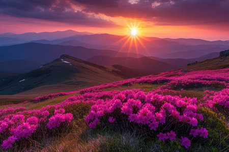 Sunset Glow over Blossoming Mountain Slopesの素材