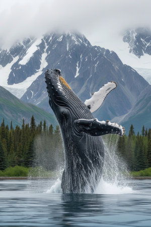 Majestic Humpback Whale Jumping at Seaの素材