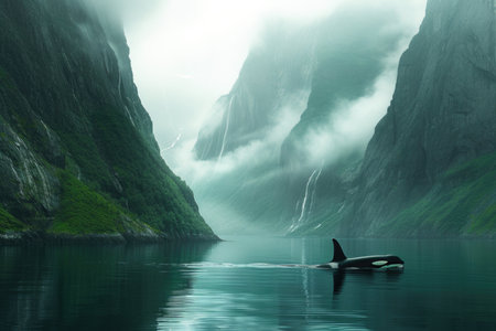 Serene Misty Fjord with Orcaの素材