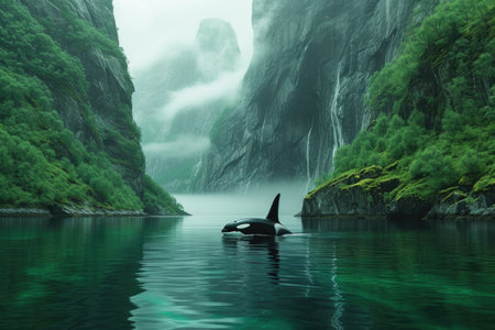 Serene Misty Fjord with Orcaの素材