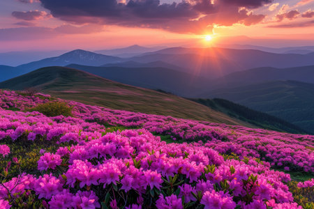 Sunset Glow over Blossoming Mountain Slopesの素材