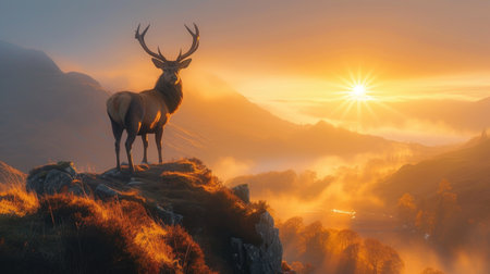A deer overlooking the sunset in the landscapeの素材