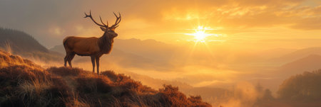 A deer overlooking the sunset in the landscapeの素材