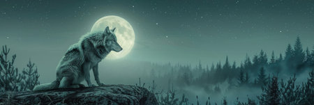 Majestic White Wolf Under Moonlight on Cliff Overlooking Misty Forestの素材