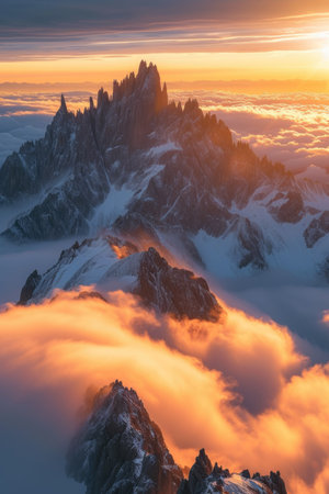 Golden Sunlight Over Cloud-Wrapped Summitsの素材