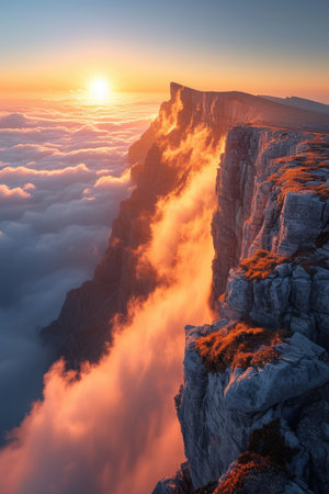 Golden Sunlight Over Cloud-Wrapped Summitsの素材