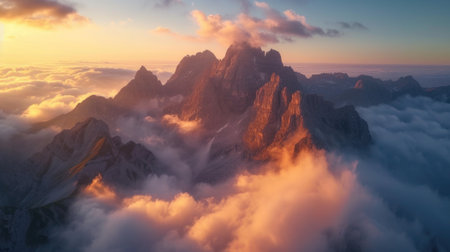 Golden Sunlight Over Cloud-Wrapped Summitsの素材