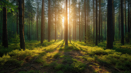 Sun Rays Piercing Through Pine Treesの素材